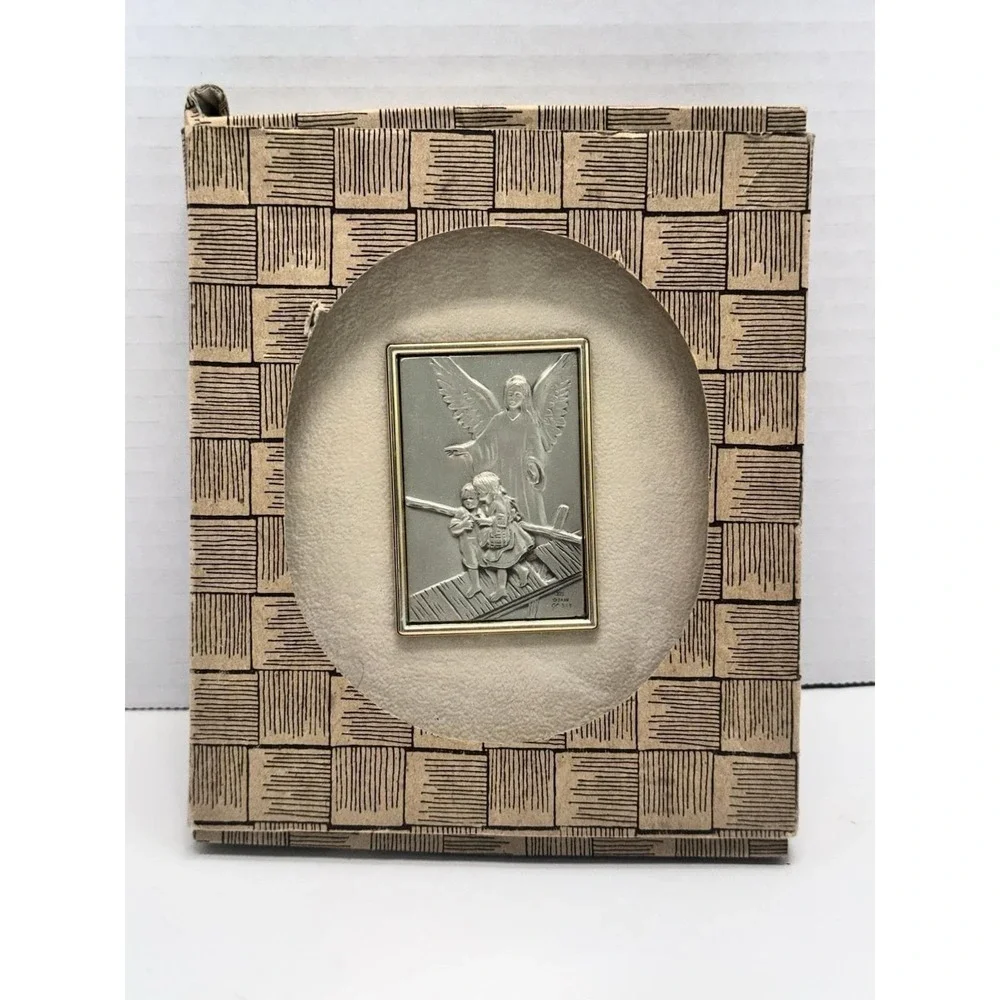 VTG Italian .925 Sterling Silver Guardian Angel Framed Plaque Mint Original Box